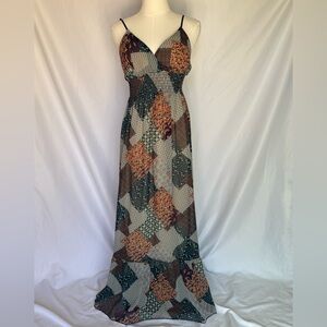 Blue Sketch Patchwork Floral Maxi Slip Dress in Brown & Green 90s Y2k